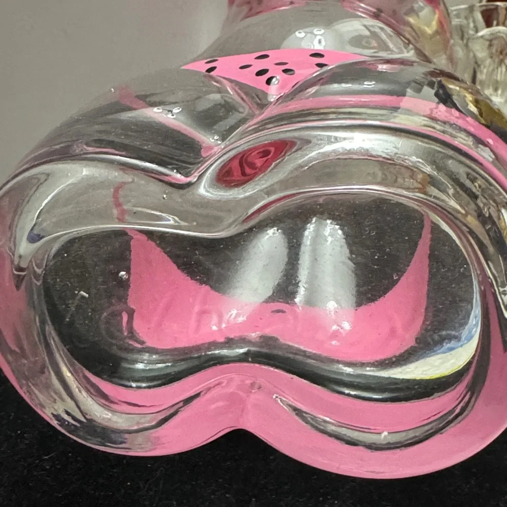 novelty glass/vase  woman's torso, decorated w/pink, polka-dotted bikini 10.24”